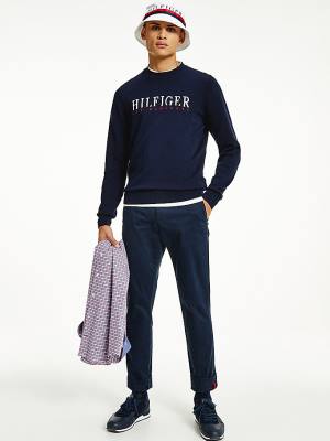 Blue Tommy Hilfiger Supima Cotton Graphic Crew Neck Jumper Men's Sweaters | TH690YJX