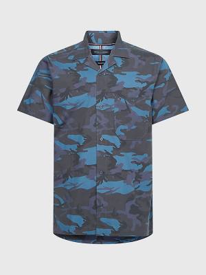 Blue Tommy Hilfiger TH Flex Camo Short Sleeve Men's Shirts | TH724IKA