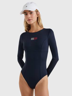 Blue Tommy Hilfiger TH Flex Long Sleeve One-Piecesuit Women's Swimwear | TH798DIK