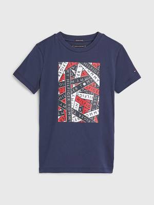 Blue Tommy Hilfiger Tape Logo Organic Cotton Boys' T Shirts | TH593EMI