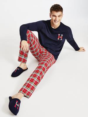 Blue Tommy Hilfiger Tartan Flannel And Slippers Set Men's Pyjamas | TH017ZMK