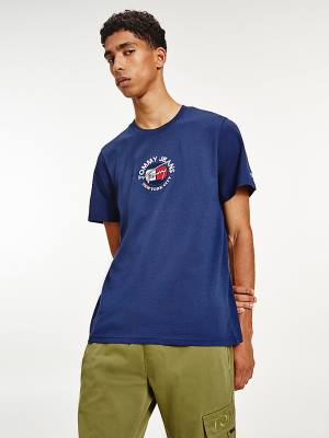 Blue Tommy Hilfiger Timeless Signature Logo Men's T Shirts | TH739HGM