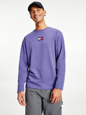 Blue Tommy Hilfiger Tommy Badge Long Sleeve Men's T Shirts | TH175MVA