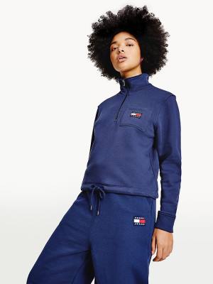 Blue Tommy Hilfiger Tommy Badge Quarter Zip Drawstring Sweatshirt Women's Hoodie | TH418VFI