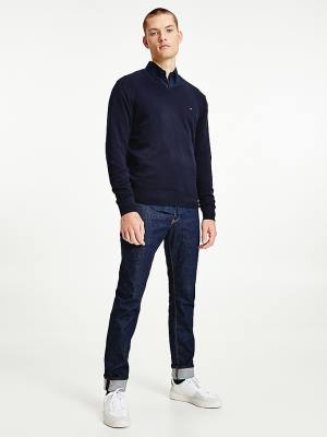 Blue Tommy Hilfiger V-Neck Cotton Blend Sweatshirt Men's Sweaters | TH139RVU