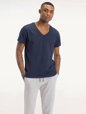 Blue Tommy Hilfiger V-Neck Men's T Shirts | TH489AJU