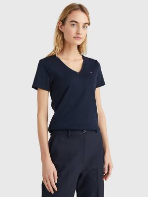 Blue Tommy Hilfiger V-Neck Slim Fit Women's T Shirts | TH786EOR