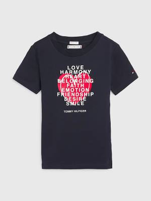 Blue Tommy Hilfiger Valentines Heart Text Print Girls' T Shirts | TH472NFH