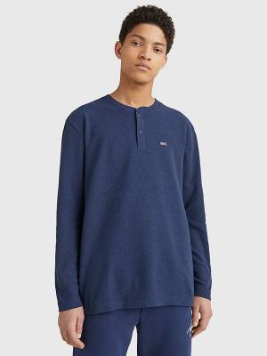 Blue Tommy Hilfiger Waffle Henley Neck Long Sleeve Top Men's T Shirts | TH284NMQ