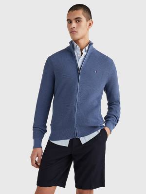 Blue Tommy Hilfiger Zip-Thru High Neck Cardigan Men's Sweaters | TH750ZDG