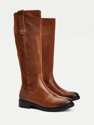 Brown Tommy Hilfiger Contrast Texture Suede Long Women's Boots | TH984IDL