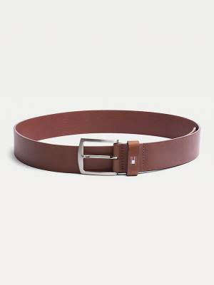 Brown Tommy Hilfiger Denton Flag Logo Leather Men's Belts | TH285TDY