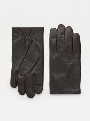 Brown Tommy Hilfiger Elasticated Cuff Leather Men's Gloves | TH153QKT