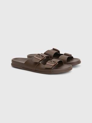 Brown Tommy Hilfiger Elevated Double Buckle Leather Men's Sandals | TH129HCF