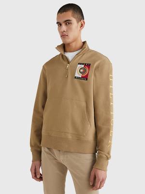 Brown Tommy Hilfiger Icons Logo Half-Zip Men's Hoodie | TH425RCO