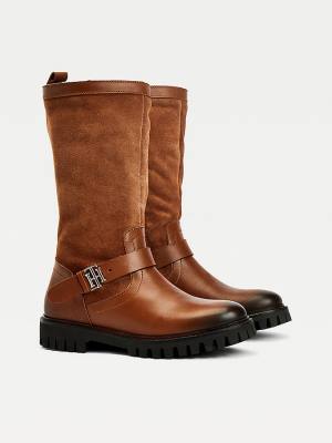 Brown Tommy Hilfiger Monogram Buckle Leather Cleat Women's Boots | TH514AWR