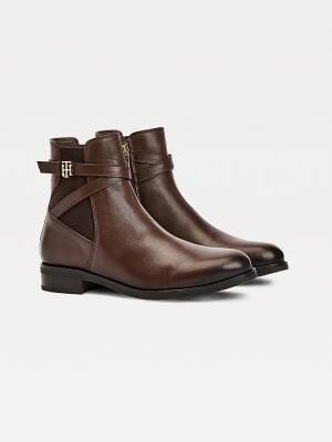 Brown Tommy Hilfiger Monogram Crossover Strap Leather Ankle Women's Boots | TH741KOF