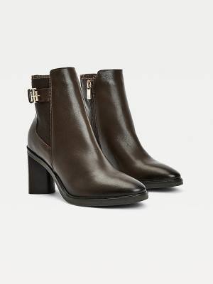 Brown Tommy Hilfiger Monogram High Heel Leather Ankle Women's Boots | TH596VOP