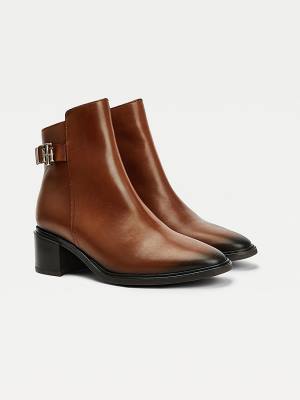 Brown Tommy Hilfiger Monogram Plaque Leather Ankle Women's Boots | TH093WZB