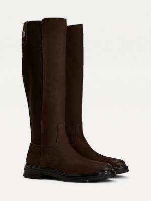 Brown Tommy Hilfiger Monogram Plaque Long Leather Women's Boots | TH480ZIK