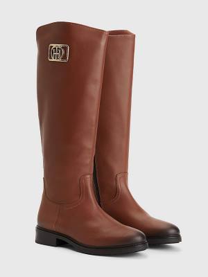 Brown Tommy Hilfiger Monogram Plaque Long Leather Women's Boots | TH832BZO