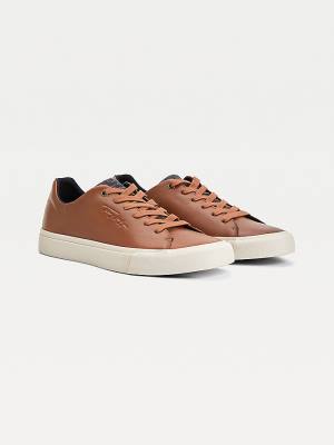 Brown Tommy Hilfiger Premium Leather Signature Vulcanised Men's Sneakers | TH370RIU