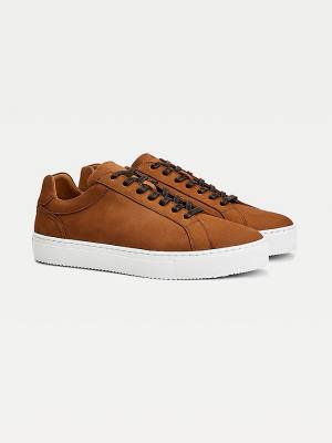 Brown Tommy Hilfiger Premium Nubuck Leather Cupsole Men's Sneakers | TH253LQN