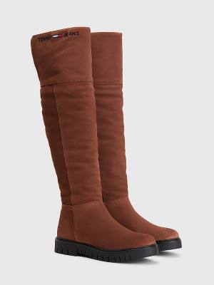 Brown Tommy Hilfiger Suede Warm Lined Cleat Knee Women's Boots | TH492TPH