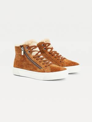 Brown Tommy Hilfiger Suede Warm Lined Vulcanised Mid-Top Women's Sneakers | TH073FZW