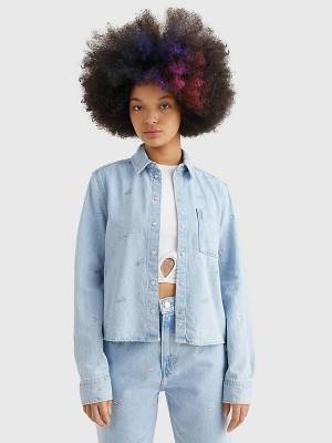 Denim Tommy Hilfiger Embroidery Cropped Denim Women's Shirts | TH342BOH