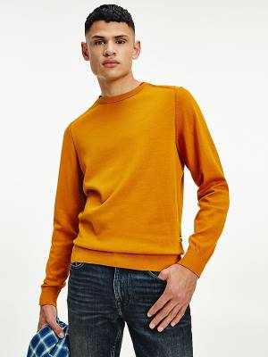 Gold Tommy Hilfiger Contrast Detail Pima Cotton Jumper Men's Sweaters | TH652HYW