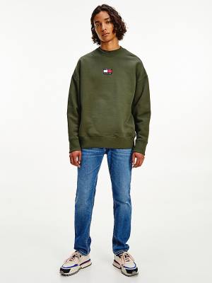 Green Tommy Hilfiger Badge Crew Neck Men's Sweatshirts | TH028RWG