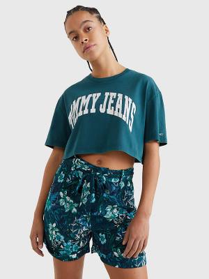 Green Tommy Hilfiger College Oversized Cropped Women's T Shirts | TH176BJD