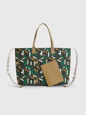 Green Tommy Hilfiger Iconic Monogram Embroidery Cotton Tote Women's Bags | TH567LAN