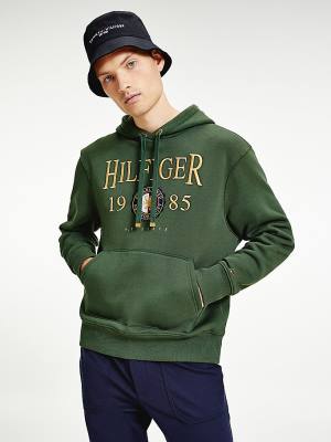 Green Tommy Hilfiger Icons Logo Embroidery Relaxed Fit Men's Hoodie | TH261HYG