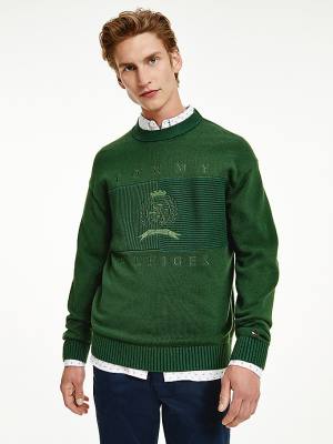 Green Tommy Hilfiger Icons Oversized Crest Flag Jumper Men's Sweaters | TH934UXL