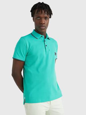 Green Tommy Hilfiger Logo Contrast Tipped Slim Men's Polo Shirts | TH259ZXR