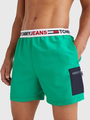 Green Tommy Hilfiger Logo Waistband Mid Length Shorts Men's Swimwear | TH184EQW