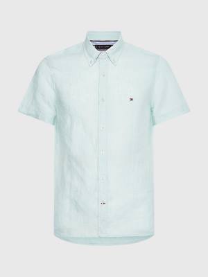 Green Tommy Hilfiger Pigment-Dyed Short Sleeve Linen Men's Shirts | TH419TLZ