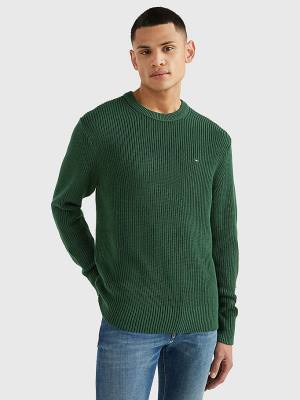 Green Tommy Hilfiger Ribbed Crew Neck Relaxed Fit Jumper Men's Sweaters | TH916QZF