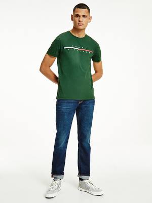 Green Tommy Hilfiger Signature Split Logo Men's T Shirts | TH406QND