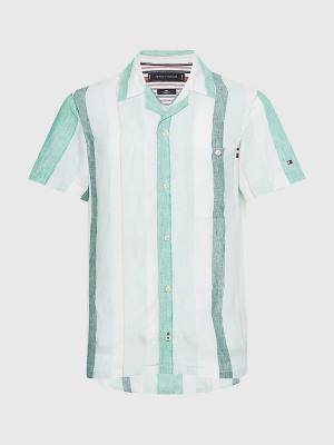 Green Tommy Hilfiger Stripe Short Sleeve Linen Men's Shirts | TH589MAR