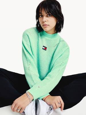 Green Tommy Hilfiger Tommy Badge Furry High-Neck Jumper Women's Sweaters | TH032SCO