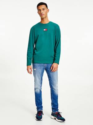 Green Tommy Hilfiger Tommy Badge Long Sleeve Men's T Shirts | TH247OTA