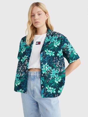 Green Tommy Hilfiger Tropical Print Oversized Short Sleeve Women's Shirts | TH203YHR