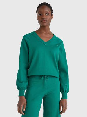 Green Tommy Hilfiger V-Neck Puff Sleeve Relaxed Fit Jumper Women's Sweaters | TH128SKL