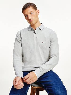 Grey Tommy Hilfiger 1985 TH Flex Regular Fit Long Sleeve Men's Polo Shirts | TH374KAN