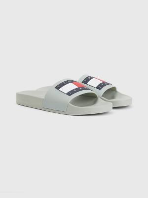 Grey Tommy Hilfiger Badge Pool Slides Men's Sandals | TH601DXK