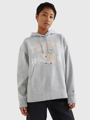 Grey Tommy Hilfiger College Tiger Logo Relaxed Women's Hoodie | TH615MWV