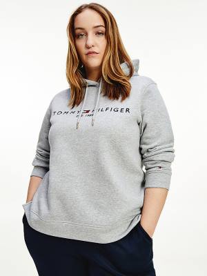 Grey Tommy Hilfiger Curve Logo Drawstring Women's Hoodie | TH874TDY